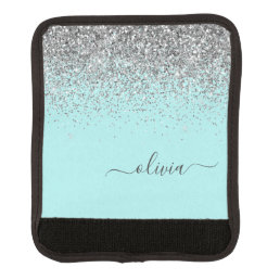 Aqua Blue Teal Silver Glitter Monogram Luggage Handle Wrap