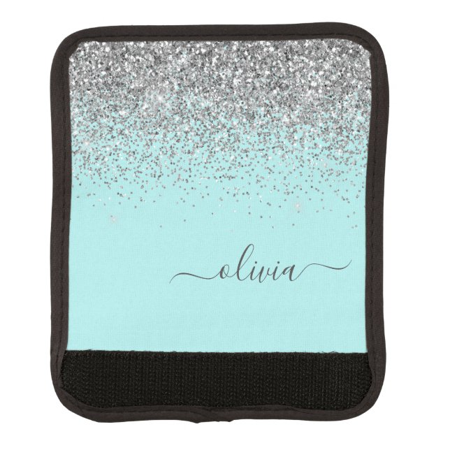 Aqua Blue Teal Silver Glitter Monogram Luggage Handle Wrap (Front)