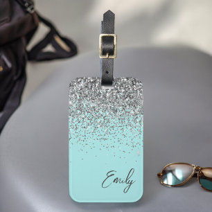 Aqua Blue Teal Silver Glitter Monogram Luggage Tag