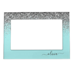Aqua Blue Teal Silver Glitter Monogram Magnetic Frame