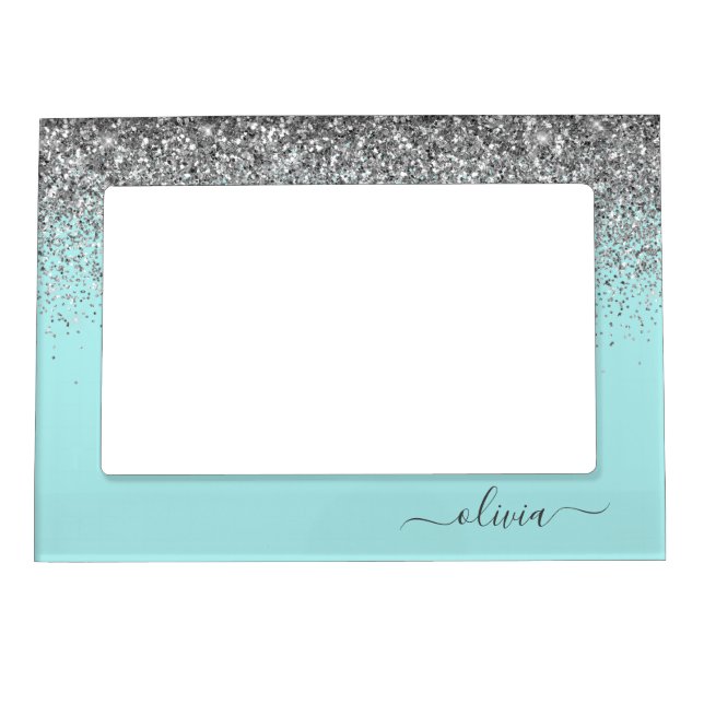 Aqua Blue Teal Silver Glitter Monogram Magnetic Frame (Front)