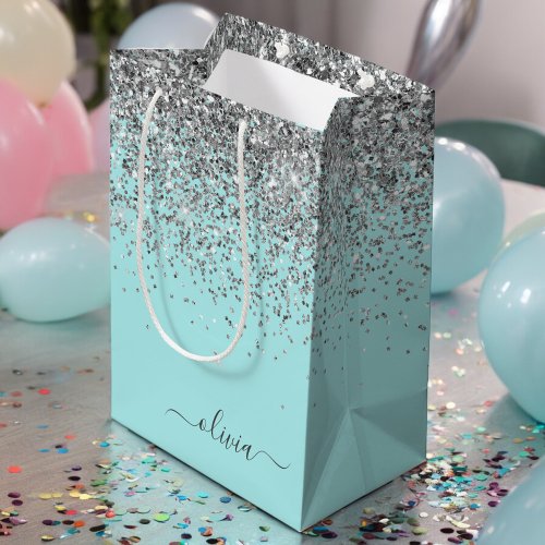 Aqua Blue Teal Silver Glitter Monogram Medium Gift Bag