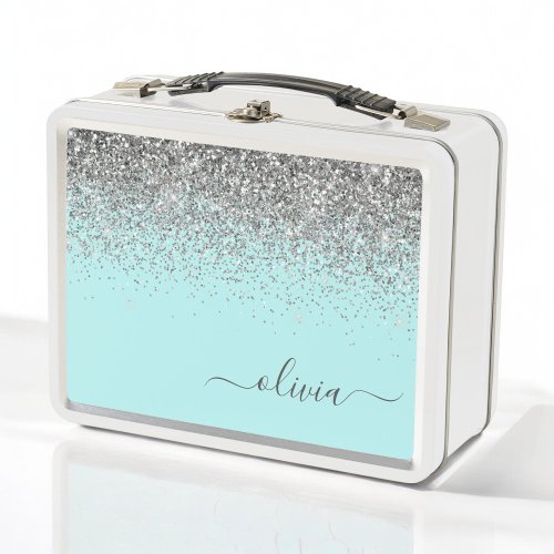 Aqua Blue Teal Silver Glitter Monogram Metal Lunch Box