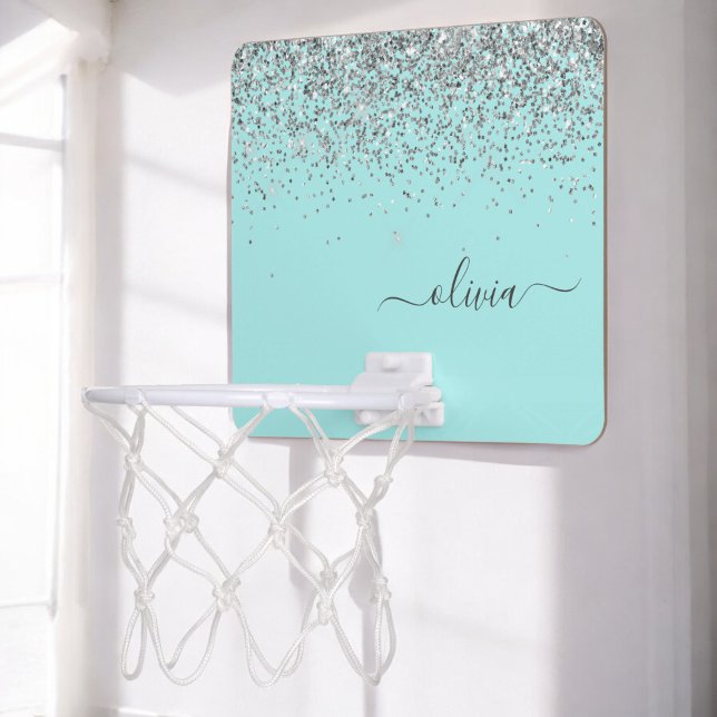 Aqua Blue Teal Silver Glitter Monogram Mini Basketball Hoop (Creator Uploaded)