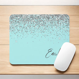 Aqua Blue Teal Silver Glitter Monogram Mouse Pad