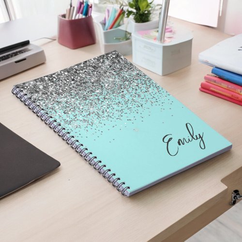 Aqua Blue Teal Silver Glitter Monogram Notebook