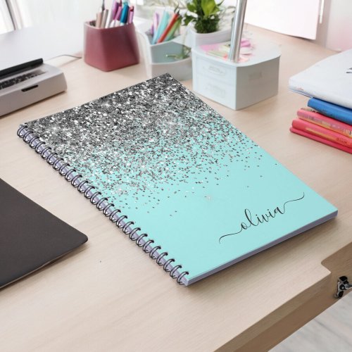 Aqua Blue Teal Silver Glitter Monogram Notebook