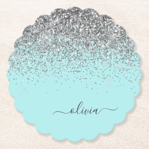 Aqua Blue Teal Silver Glitter Monogram Paper Coaster