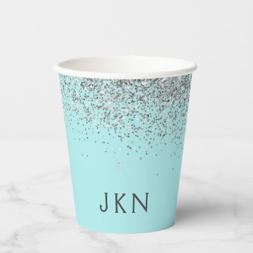 Aqua Blue Teal Silver Glitter Monogram Paper Cups