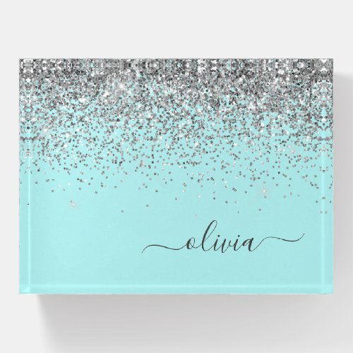 Aqua Blue Teal Silver Glitter Monogram Paperweight