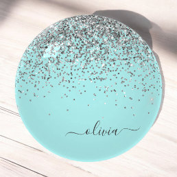 Aqua Blue Teal Silver Glitter Monogram Paperweight