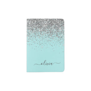 Aqua Blue Teal Silver Glitter Monogram Passport Holder