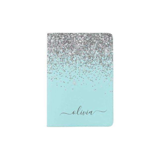 Aqua Blue Teal Silver Glitter Monogram Passport Holder (Front)