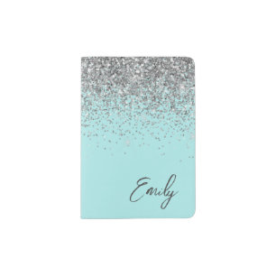 Aqua Blue Teal Silver Glitter Monogram Passport Holder