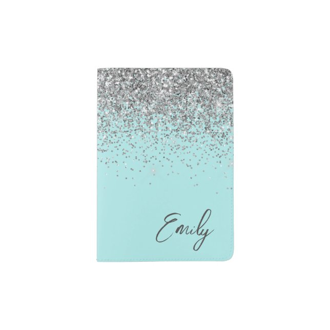Aqua Blue Teal Silver Glitter Monogram Passport Holder (Front)