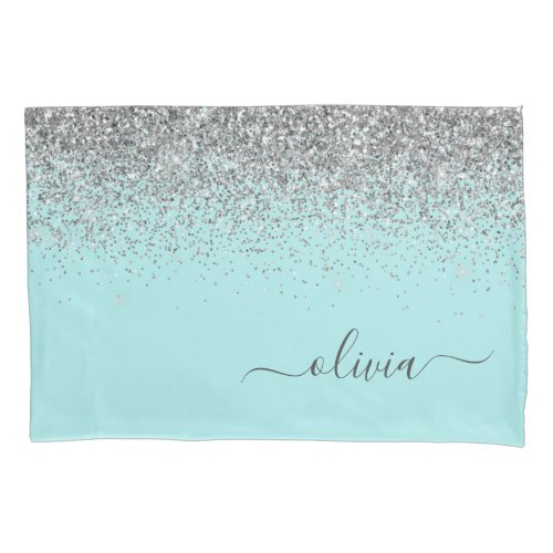 Aqua Blue Teal Silver Glitter Monogram Pillow Case