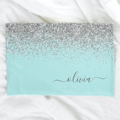 Aqua Blue Teal Silver Glitter Monogram Pillow Case