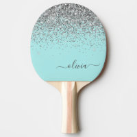 Aqua Blue Teal Silver Glitter Monogram Ping Pong Paddle