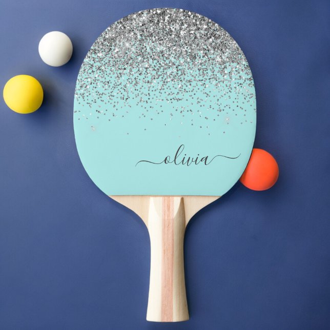 Aqua Blue Teal Silver Glitter Monogram Ping Pong Paddle (Creator Uploaded)