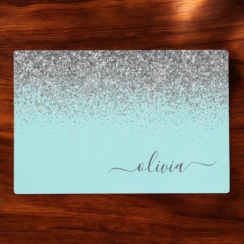 Aqua Blue Teal Silver Glitter Monogram Placemat