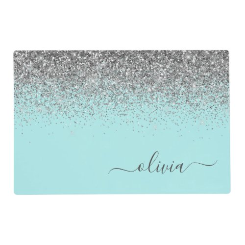 Aqua Blue Teal Silver Glitter Monogram Placemat