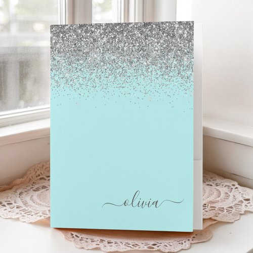 Aqua Blue Teal Silver Glitter Monogram Pocket Folder