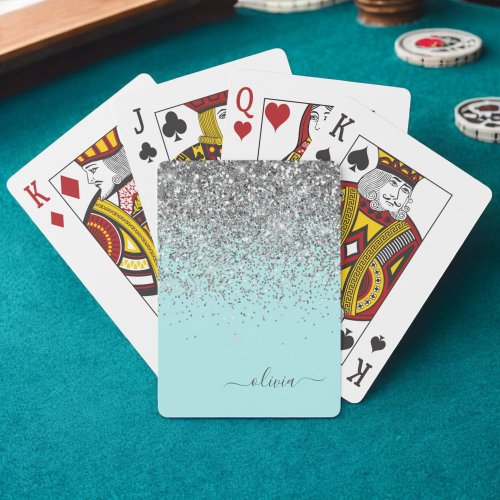 Aqua Blue Teal Silver Glitter Monogram Poker Cards