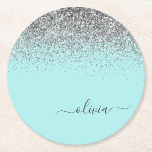 Aqua Blue Teal Silver Glitter Monogram Round Paper Coaster