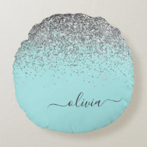 Aqua Blue Teal Silver Glitter Monogram Round Pillow