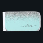 Aqua Blue - Teal Silver Glitter Monogram Silver Finish Money Clip<br><div class="desc">Aqua Blue - Teal and Silver Sparkle Glitter Brushed Metal Monogram Name Money Clip. This makes the perfect graduation,  sweet 16 birthday,  wedding,  bridal shower,  anniversary,  baby shower or bachelorette party gift for someone that loves glam luxury and chic styles.</div>