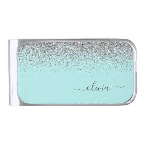 Aqua Blue _ Teal Silver Glitter Monogram Silver Finish Money Clip