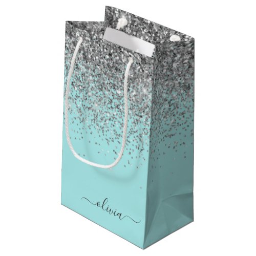 Aqua Blue Teal Silver Glitter Monogram Small Gift Bag