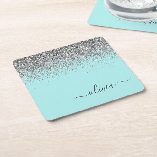 Aqua Blue Teal Silver Glitter Monogram Square Paper Coaster