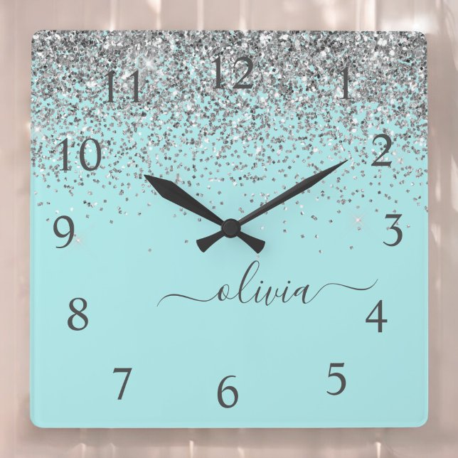 Aqua Blue Teal Silver Glitter Monogram Square Wall Clock (Creator Uploaded)