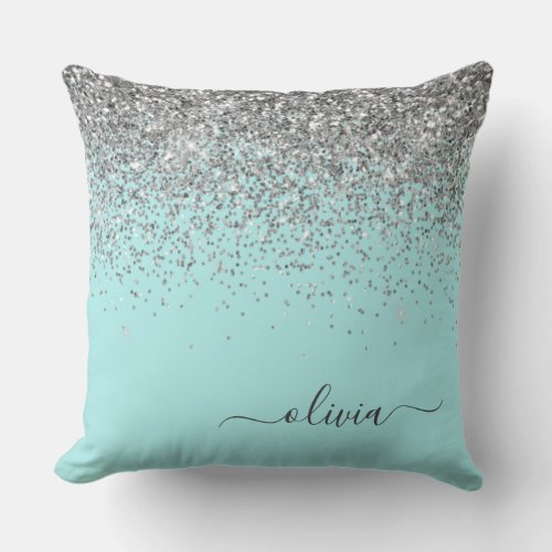 Aqua Blue Teal Silver Glitter Monogram Throw Pillow