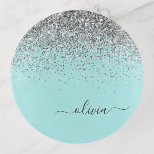 Aqua Blue Teal Silver Glitter Monogram Trinket Tray