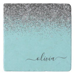 Aqua Blue Teal Silver Glitter Monogram Trivet