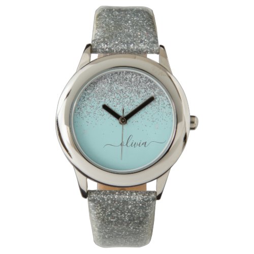 Aqua Blue Teal Silver Glitter Monogram Watch