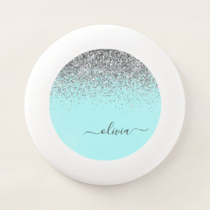 Aqua Blue Teal Silver Glitter Monogram Wham-O Frisbee