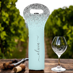 Aqua Blue Teal Silver Glitter Monogram Wine Bag