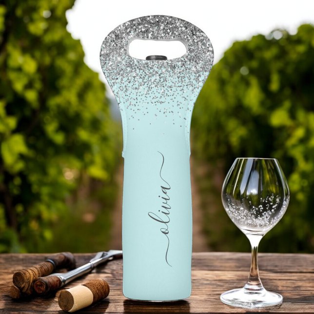Aqua Blue Teal Silver Glitter Monogram Wine Bag (Creator Uploaded)