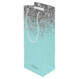 Aqua Blue Teal Silver Glitter Monogram Wine Gift Bag