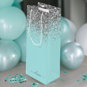 Aqua Blue Teal Silver Glitter Monogram Wine Gift Bag