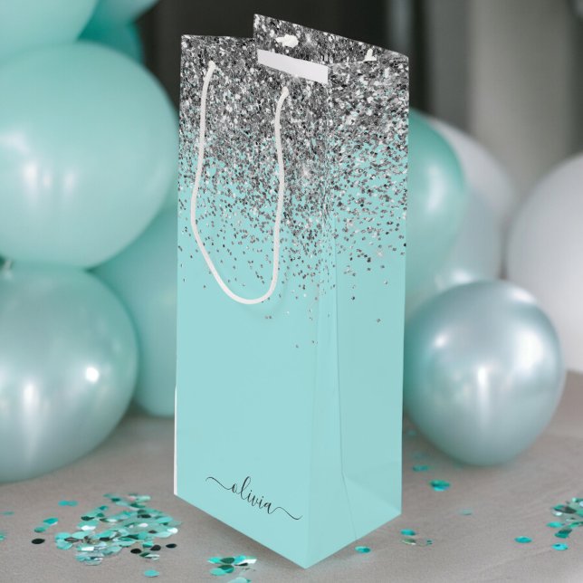 Aqua Blue Teal Silver Glitter Monogram Wine Gift Bag (Creator Uploaded)