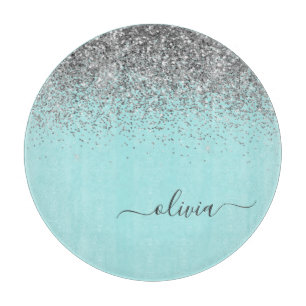 Aqua Blue Teal Silver Pink Glitter Monogram Cutting Board