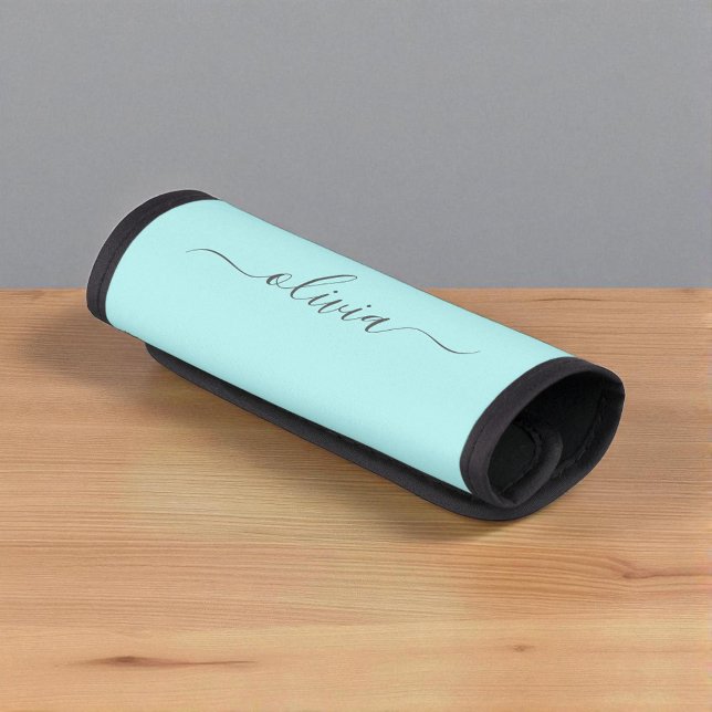 Aqua Blue Teal Simple Girly Monogram Name Luggage Handle Wrap (Creator Uploaded)