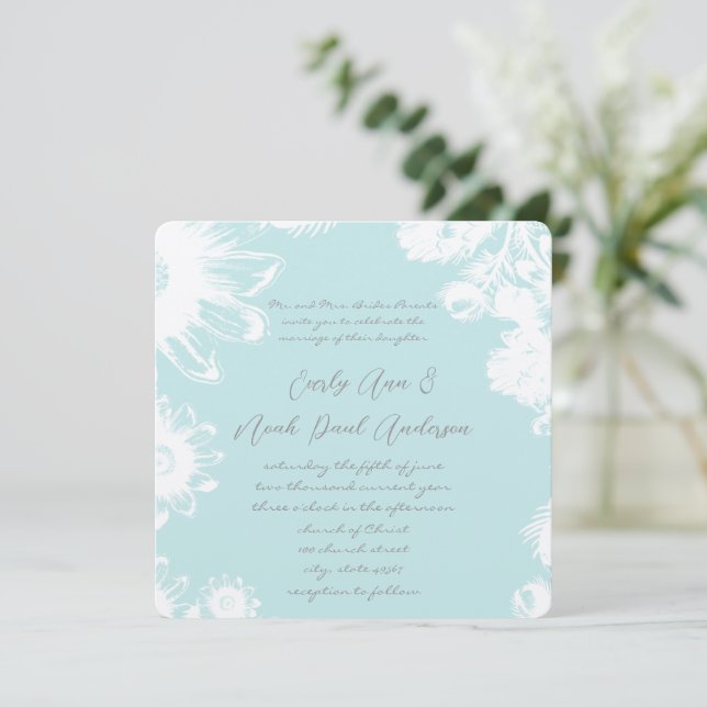 Aqua Blue Teal  Vintage Floral  Wedding Invitation (Standing Front)