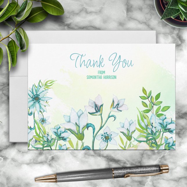 Aqua Blue/Teal Watercolor Floral Personalized Note Card (Creator Uploaded)