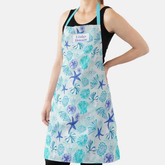Aqua-blue-teal watercolor mixed seashell design apron (Insitu)