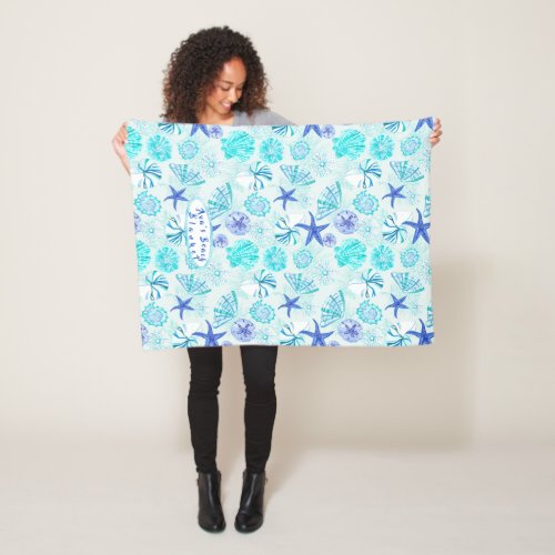 Aqua_blue_teal watercolor mixed seashell design fleece blanket
